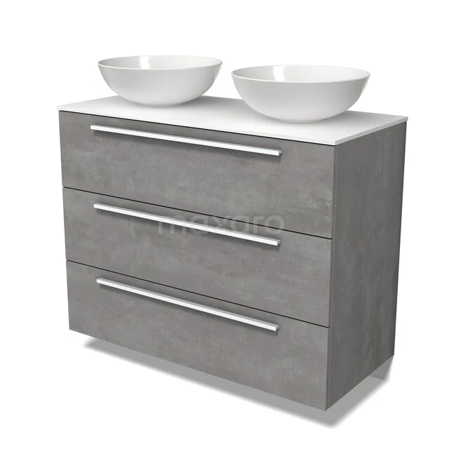 Modulo Plato Badkamermeubel voor waskom | 100 cm Lichtgrijs beton Vlak front Solid surface blad 3 lades BMK19-01878 Modulo Plato Badkamermeubel voor waskom | 100 cm Lichtgrijs beton Vlak front Solid surface blad 3 lades BMK19-01878