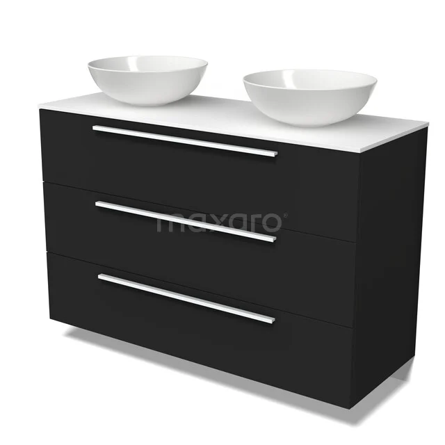 Schwarzer Badschrank mit klaren Linien, drei Schubladen und doppelten weißen Aufsatzwaschbecken; modernes Design, ideal für Badezimmerlagerung.