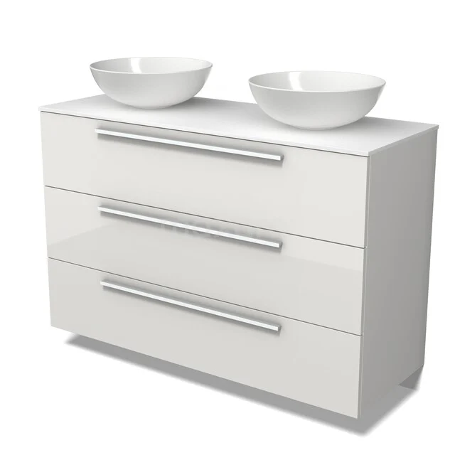 Modulo Plato Vanity units for countertop basin | 120 cm High-gloss white Flat front Solid surface worktop 3 drawers BMK19-01885