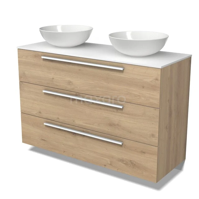 Modulo Plato Vanity units for countertop basin | 120 cm Light brown oak Flat front Solid surface worktop 3 drawers BMK19-01894 Modulo Plato Vanity units for countertop basin | 120 cm Light brown oak Flat front Solid surface worktop 3 drawers BMK19-01894