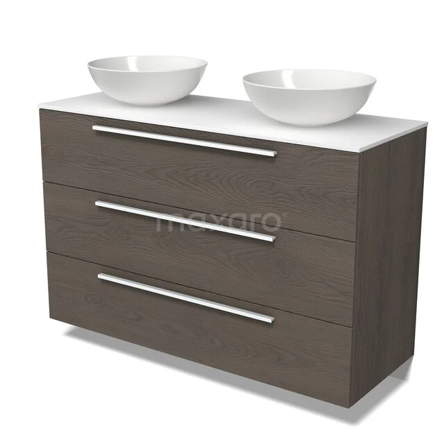 Modulo Plato Vanity units for countertop basin | 120 cm Dark brown oak Flat front Solid surface worktop 3 drawers BMK19-01896 Modulo Plato Vanity units for countertop basin | 120 cm Dark brown oak Flat front Solid surface worktop 3 drawers BMK19-01896