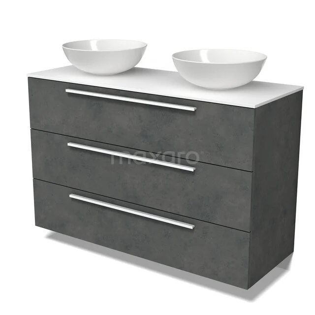 Modulo Plato Badmöbel mit Aufsatzwaschbecken | 120 cm Dunkelgrauer Beton Flach front Solid Surface blatt 3 Schubladen BMK19-01898 Dunkelgraues Waschtischmöbel mit Betonlook, drei Schubladen und zwei weißen Aufsatzwaschbecken, perfekt für modernen Badezimmerstil.
