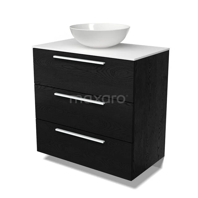 Modulo Plato Badmöbel mit Aufsatzwaschbecken | 80 cm Schwarze Eiche Flach front Solid Surface blatt 3 Schubladen BMK19-01917 Schwarzes Holz-Badmöbel mit drei Schubladen und einer weißen Aufsatzwaschbeckenplatte, schickes Design für moderne Bäder.
