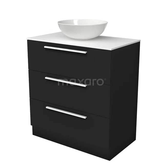 Modulo Plato Badkamermeubel voor waskom | 80 cm Mat zwart Vlak front Solid surface blad 3 lades staand BMK19S-00379 Modulo Plato Badkamermeubel voor waskom | 80 cm Mat zwart Vlak front Solid surface blad 3 lades staand BMK19S-00379