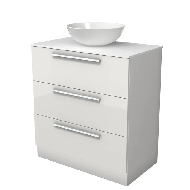 Modulo Plato Vanity units for countertop basin | 80 cm High-gloss white Flat front Solid surface worktop 3 standing drawers BMK19S-00381 Modulo Plato Vanity units for countertop basin | 80 cm High-gloss white Flat front Solid surface worktop 3 standing drawers BMK19S-00381
