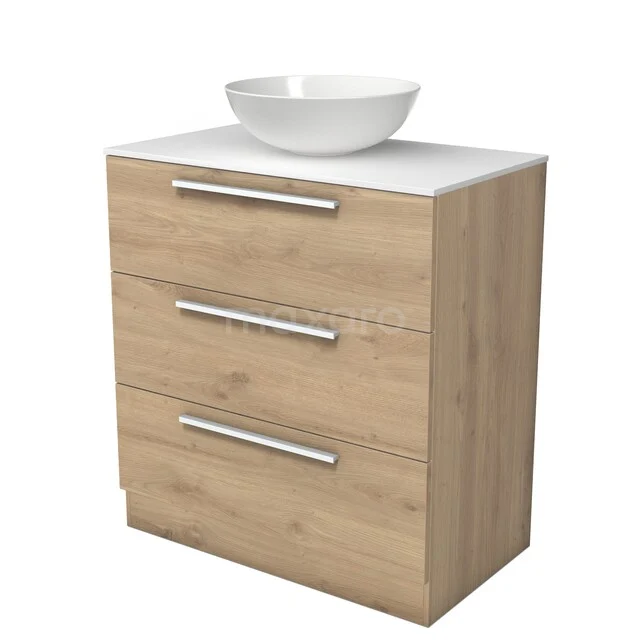 Modulo Plato Vanity units for countertop basin | 80 cm Light brown oak Flat front Solid surface worktop 3 standing drawers BMK19S-00383 Modulo Plato Vanity units for countertop basin | 80 cm Light brown oak Flat front Solid surface worktop 3 standing drawers BMK19S-00383
