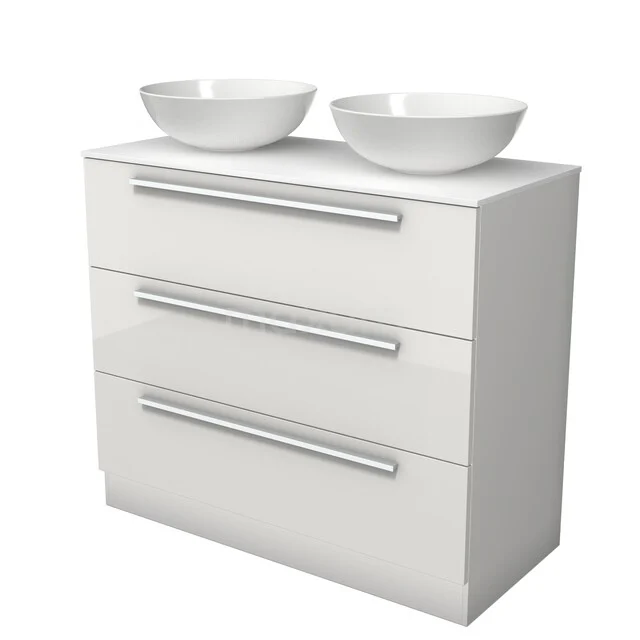 Modulo Plato Badkamermeubel voor waskom | 100 cm Hoogglans wit Vlak front Solid surface blad 3 lades staand BMK19S-00386