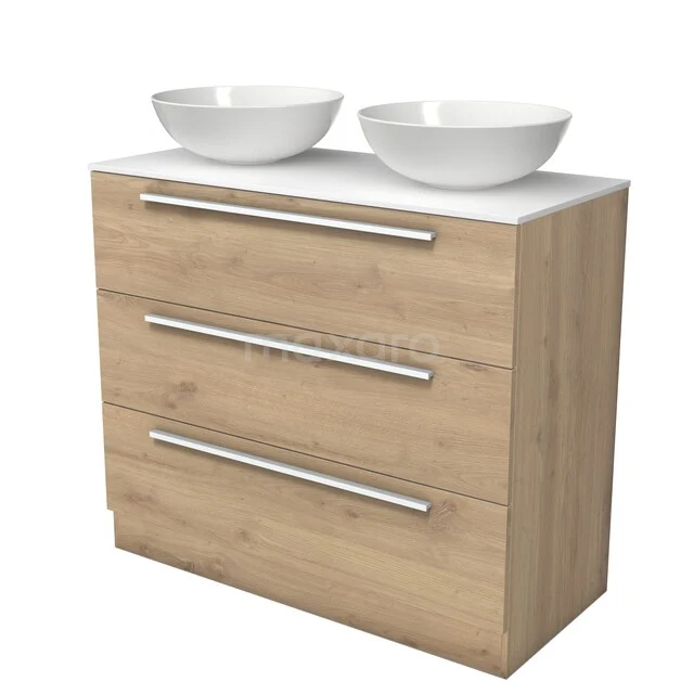 Holz-Waschtisch mit drei Schubladen und zwei weißen Aufsatzwaschbecken, ideal für eine moderne Badezimmer Einrichtung.