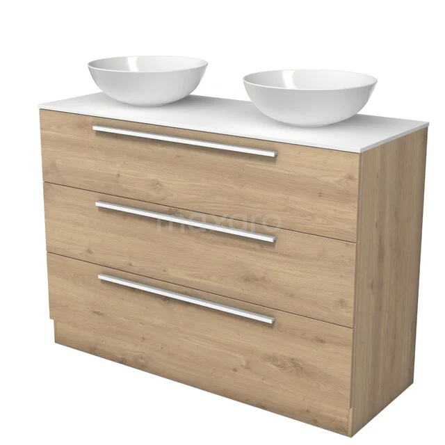 Modulo Plato Badkamermeubel voor waskom | 120 cm Lichtbruin eiken Vlak front Solid surface blad 3 lades staand BMK19S-00393 Modulo Plato Badkamermeubel voor waskom | 120 cm Lichtbruin eiken Vlak front Solid surface blad 3 lades staand BMK19S-00393