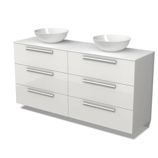 Weißes Badezimmermöbel mit sechs Schubladen und Doppelwaschbecken, modernes Design und schlichte Metallhaltegriffe.