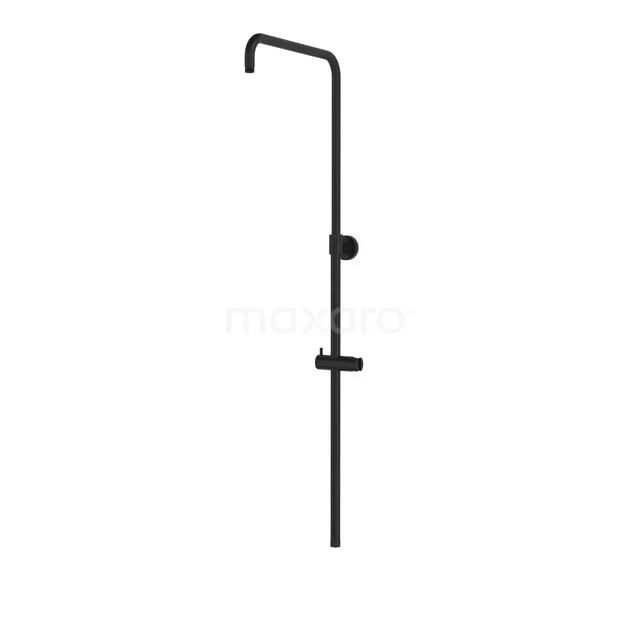 Black round hand shower holder with slide bar, minimalist design, ideal for stylish bathroom decor.