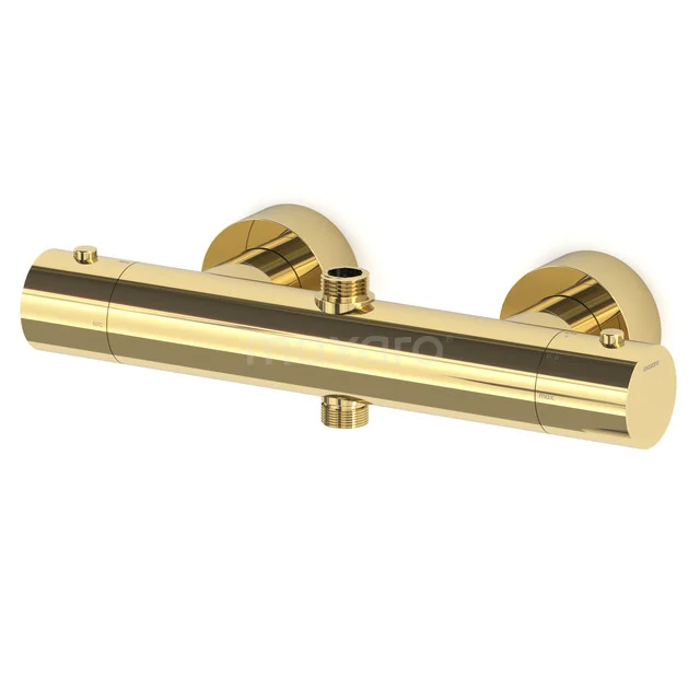 Thermostatic Cool Touch Shower Valve Radius Shiny Light Gold, 2 Outputs RC010101GLG Golden thermostatic shower valve with round shapes, brass finish and modern design, perfect for a stylish bathroom.