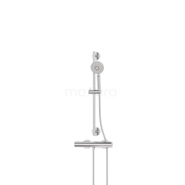 Wandgemonteerde chromen douchekop met verstelbare glijstang en opbergplateau, ideaal voor een moderne badkamer.