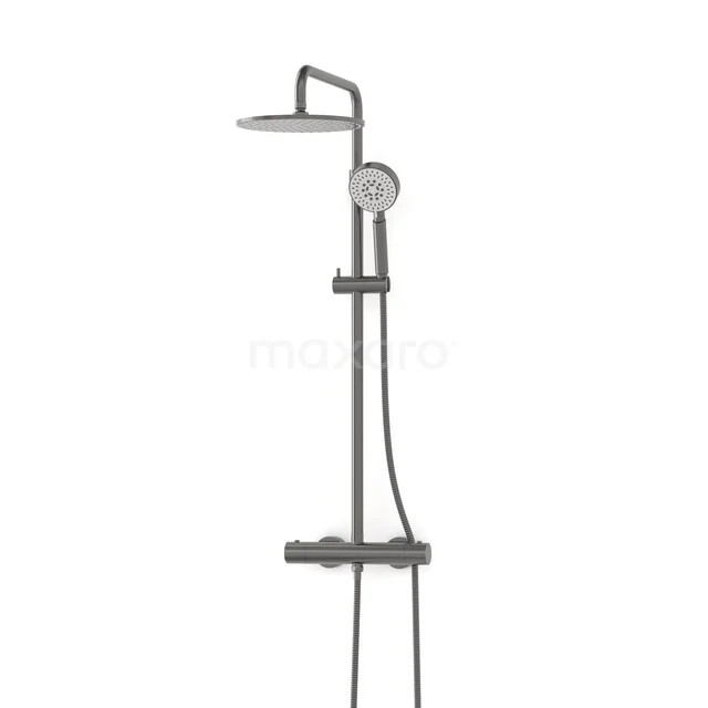 Radius Rain shower Construction | Black metal 25 cm Rain shower Thermostatic RC0102300ZM Grijze regendouche met verstelbare handdouche, strak design en thermostaatkraan, ideaal voor een moderne badkamer.
