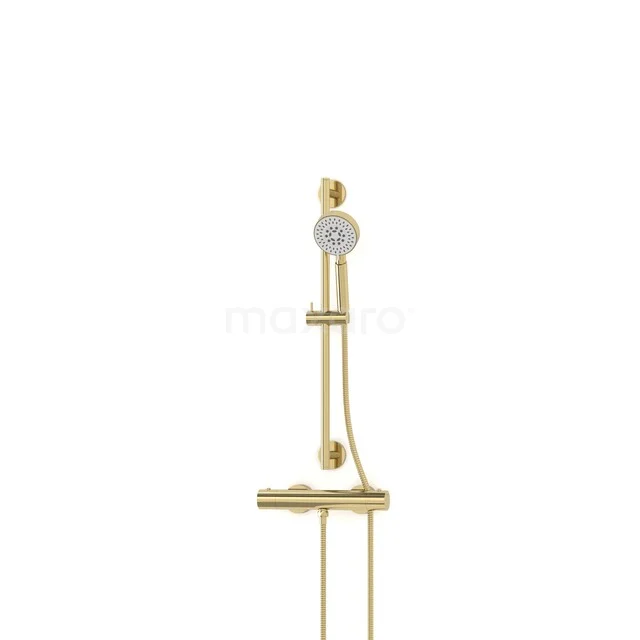 Golden rain shower with hand shower and sliding bar, modern design, stylish for luxury bathrooms.