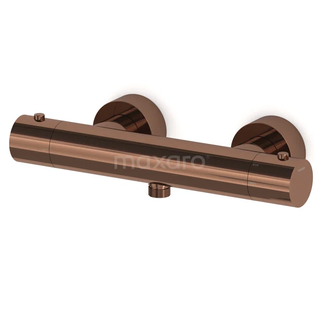 Koperen thermostatische douchekraan met ronde vormen, modern design en wandmontage, perfect voor een stijlvolle badkamer.