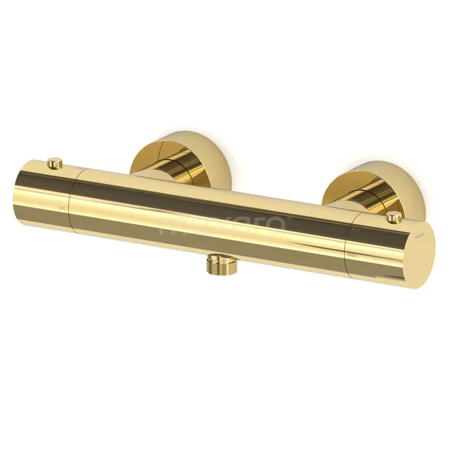 Gold-coloured thermostatic shower valve, glossy finish, round shape, ideal for luxury bathroom decor.