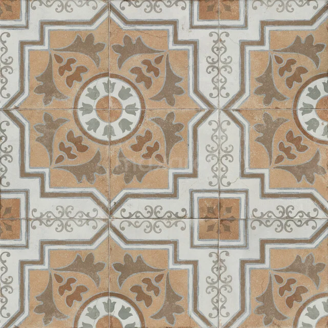 Keramische Vintage Badezimmerfliesen in Beige, Weiß und Grün mit detaillierten Mustern, ideal für einzigartige Badezimmerstile.