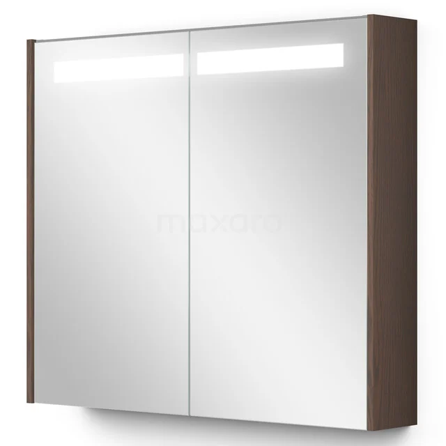 Spiegelschrank mit Beleuchtung Modulo 80x70 Kakao Eiche K99-0800-59008-62 Badezimmerspiegelkasten mit LED-Beleuchtung, Holzoptik-Seiten, doppelten Spiegeltüren und modernem Design für Badezimmerlagerung.