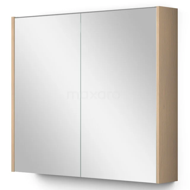 Spiegelschrank Holz-Optik mit doppelten Spiegeltüren, ideal für zusätzlichen Badezimmerstauraum und moderne, natürliche Ausstrahlung.