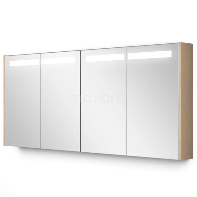 Spiegelkast houtlook met vier deuren, LED-verlichting en modern design, ideaal voor een stijlvolle badkamerinrichting.