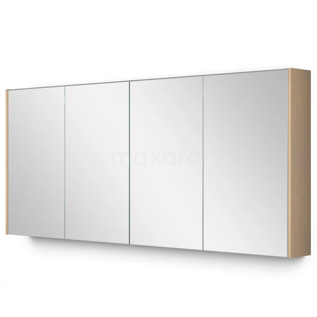 Houten badkamerkast met vier spiegeldeuren, moderne uitstraling en ruime opbergruimte voor badkameraccessoires.