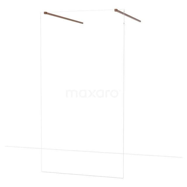 Glazen inloopdouchewand met minimalistisch design, transparant glas en roségouden steunen, perfect voor een moderne badkamer.