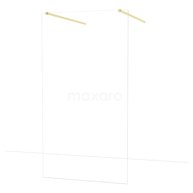 Transparant glazen douchewand met gouden profielen, moderne uitstraling, ideaal voor een stijlvolle badkamerinrichting.