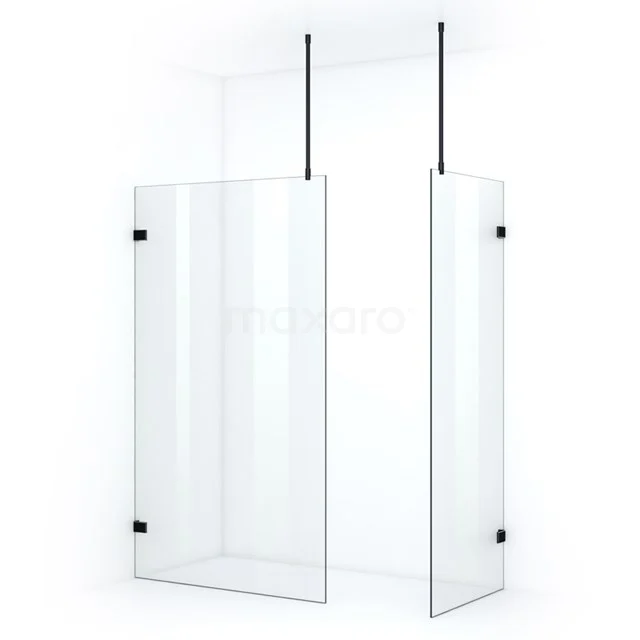 Quartz begehbare Dusche | 110x90 cm Matt Schwarz 2 feste Wände IQB1109700M Transparente Gläserne Duschwand mit minimalistischem Design, schwarzem Rahmen und Deckenstützen; perfekt für ein modernes Badezimmer.