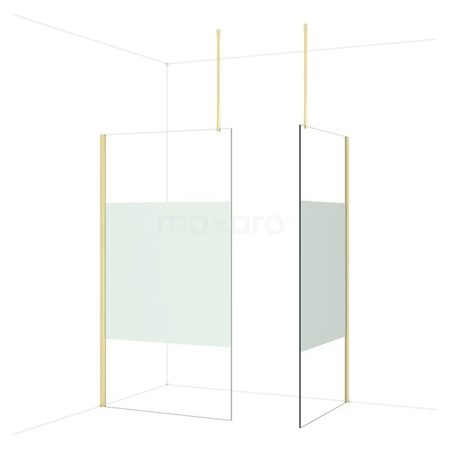 Diamond Walk-in shower | 110x100 cm Glossy light gold Clear with matt strip 2 fixed walls IDB1110913GLG Glazen douchewand met een minimalistisch ontwerp, goudkleurige accenten en matglasdetail voor een moderne badkamerstijl.