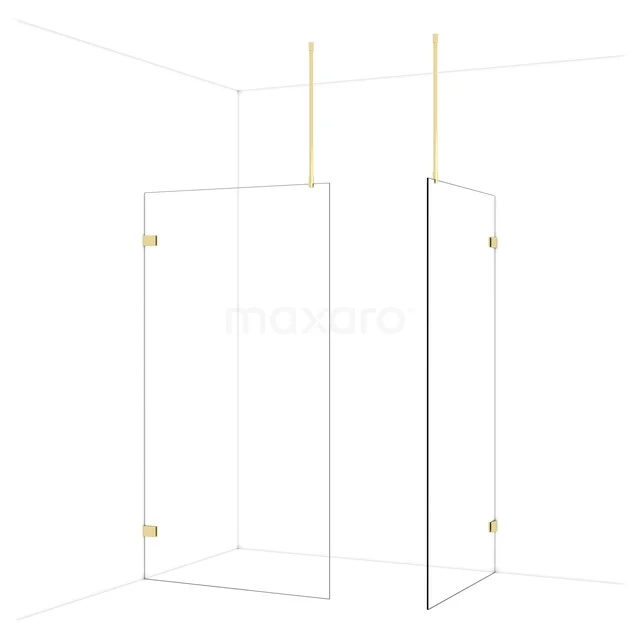 Transparante douchewand met minimalistisch design, gouden accenten en hoekmontage, ideale toevoeging aan een stijlvolle badkamer.