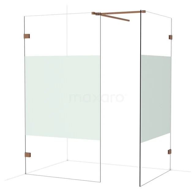 Glazen douchewand met mat gedeelte en koperkleurige details, ideaal voor een moderne badkamer.