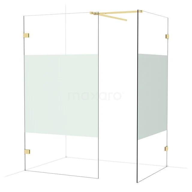Glass shower wall with frosted glass strip, gold accents, minimalist design, ideal for a modern bathroom.