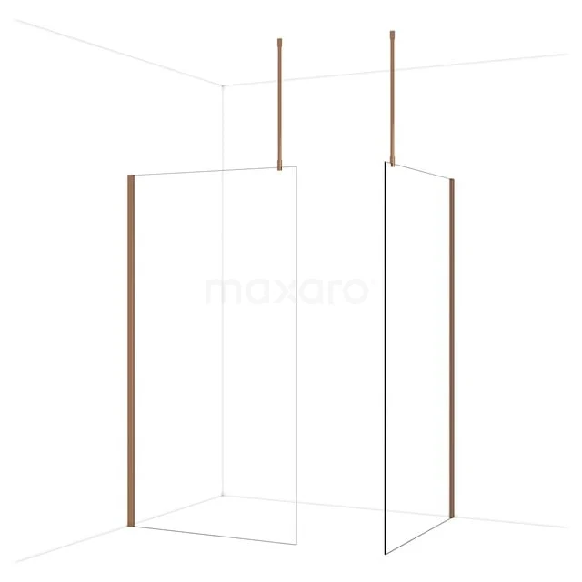 Diamond Walk-in shower | 110x110 cm Shiny copper Clear glass 2 fixed walls IDB1111910GKP Minimalistische douchewand met glazen panelen en mat zwarte profielen, perfect voor een moderne badkamer.