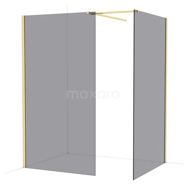 Hoek inloopdouche met gouden profielen en transparant glas, modern design, perfect voor een stijlvolle badkamer.