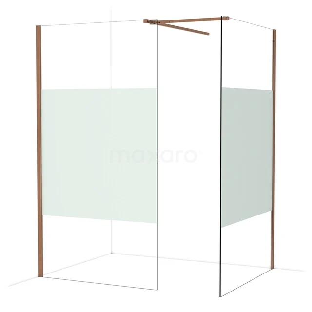 Duschbereich mit mattgläsernen Paneelen, kupferfarbigen Rändern und Antikalkbeschichtung, ideal als moderne Badezimmerlösung.