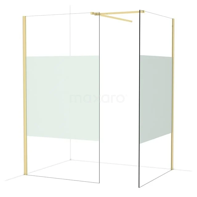 Gouden hoekdouchewand met glazen panelen, minimalistisch design, perfect voor een moderne badkamer.