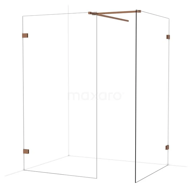 Glazen douchewand met hoekopstelling, transparant design, voorzien van stijlvolle goudkleurige details en een duurzame constructie.