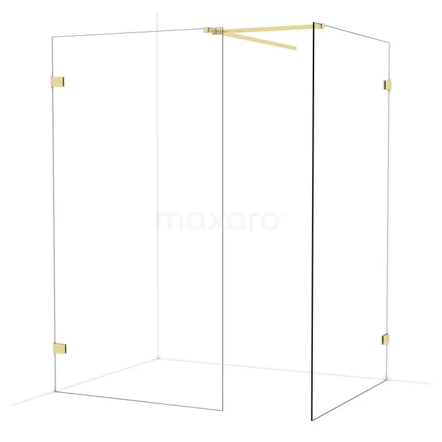 Glazen hoekdouchewand met goudkleurige beslag, stijlvol en modern ontwerp voor luxe badkamerinterieur.