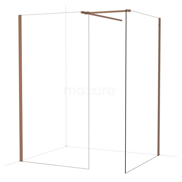 Duschwand mit Eckaufstellung, transparentem Glas, Kupferdetails und minimalistischem Design; perfekte Ergänzung für jedes Badezimmer.