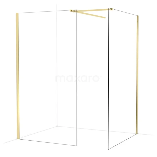 Minimalistische douchewand met goudkleurige profielen, gemaakt van glas. Perfect voor een stijlvolle badkamerrenovatie.