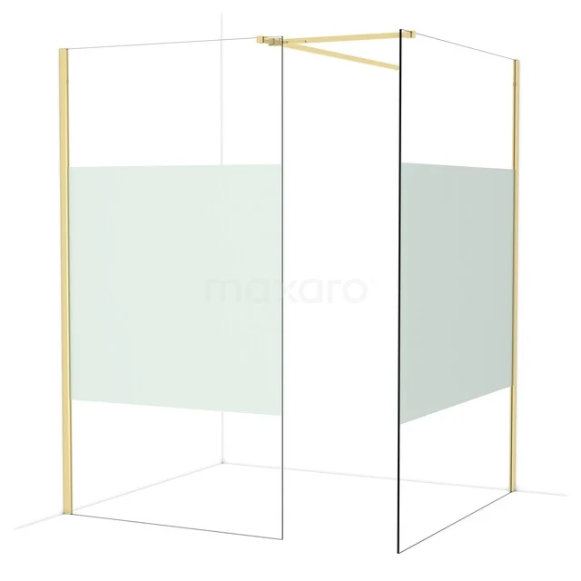 Minimalist shower wall with gold accents, glass and sleek design; ideal as a stylish bathroom solution.