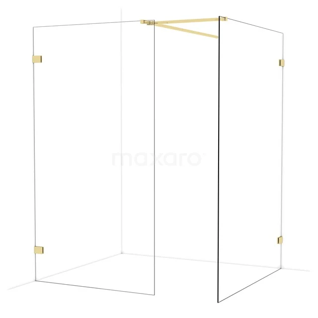 Diamond Walk-in shower | 140x110 cm Glanzend lichtgoud Clear glass 2 fixed walls IDB1114520GLG Transparante glazen douchewand met gouden details, luxe design voor moderne badkamers, hoekmodel zonder frame.
