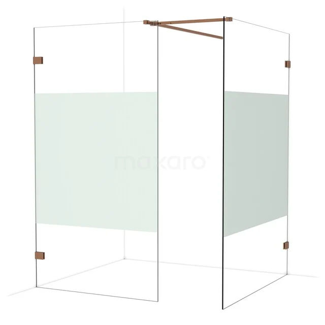 Hoekdouchewand met matglas en messing accenten, stijlvol ontwerp voor moderne badkamers, geschikt voor diverse doucheopstellingen.