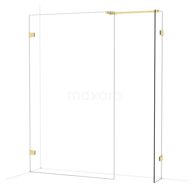 Glass shower wall with gold hinges, modern design, ideal for a stylish and functional bathroom decor.