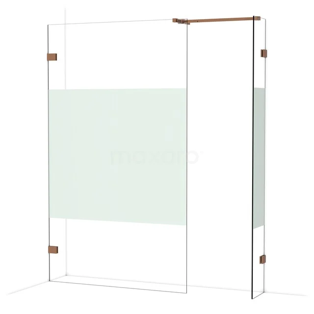 Glazen douchewand met mat wit paneel, koperkleurige scharnieren, geschikt voor moderne badkamers.