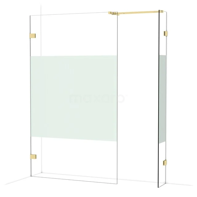 Glas Duschwand mit Matt Weiß Fläche und goldfarbenen Details, stilvolle Badezimmerlösung aus der Premium-Kollektion.