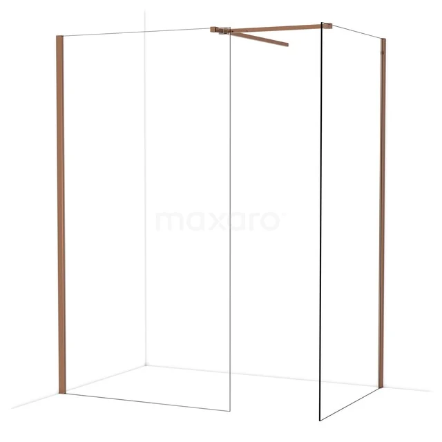 Inloopdouche van glas met roségouden profielen, minimalistisch design; ideaal voor een moderne badkamer.