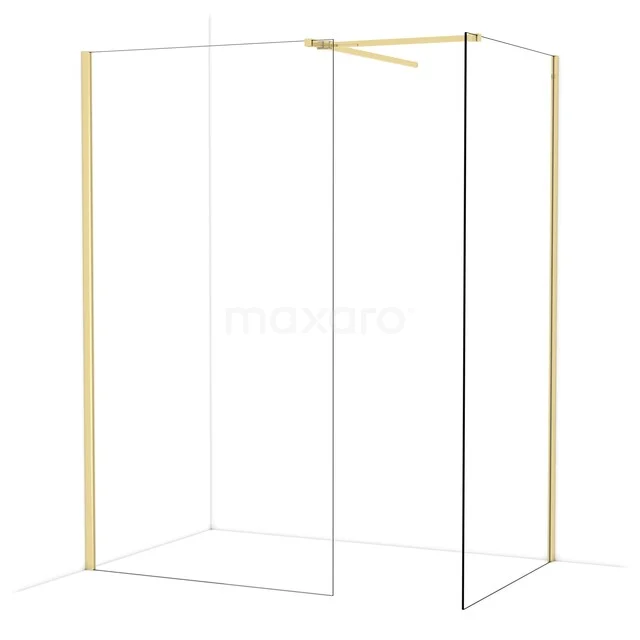 Shower wall with a gold-coloured frame, transparent glass, and minimalist design, perfect for a modern bathroom style.