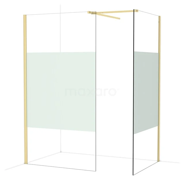 Shower wall with gold-coloured profiles and frosted glass strip, modern design for stylish bathrooms.